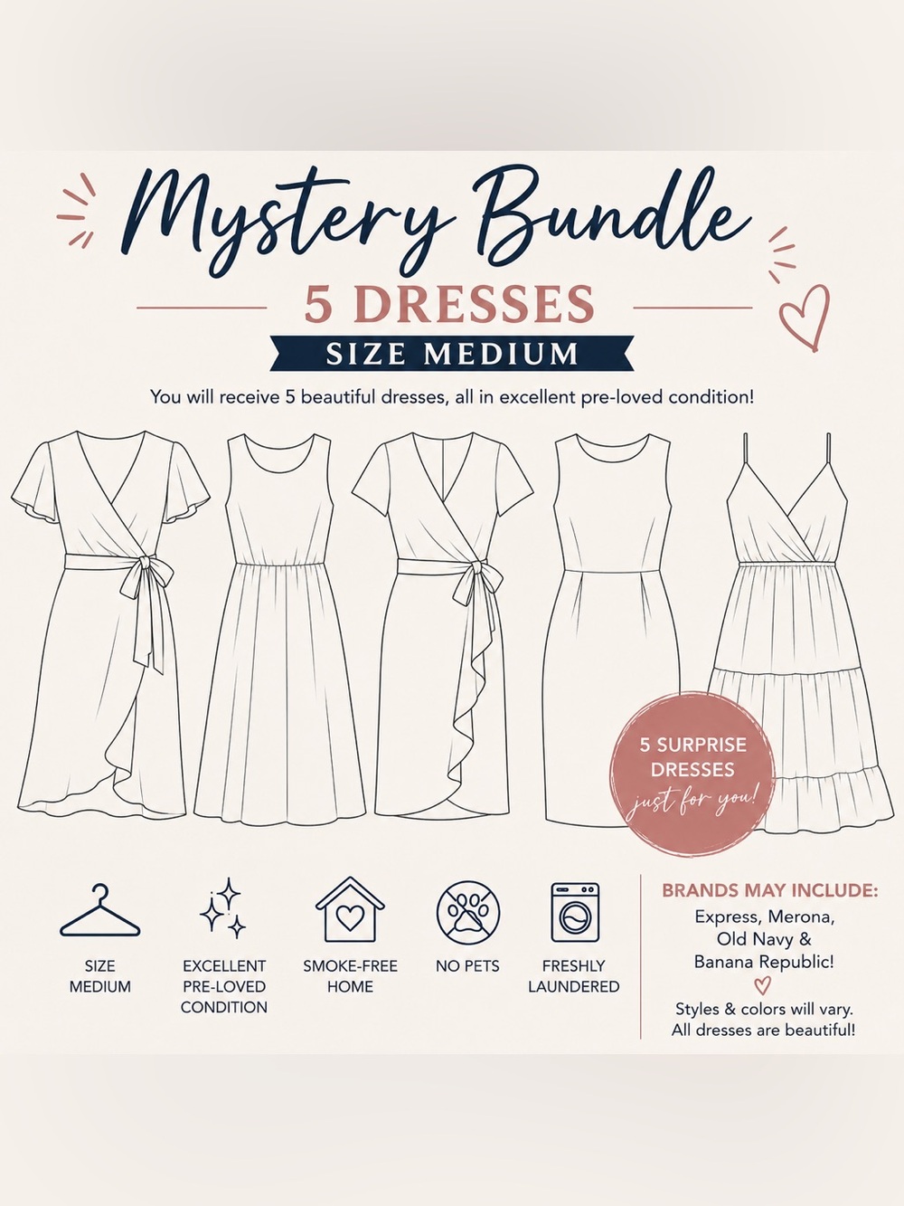 Mystery Bundle: 5 Women's Dresses - Size Medium (Mixed Colors)